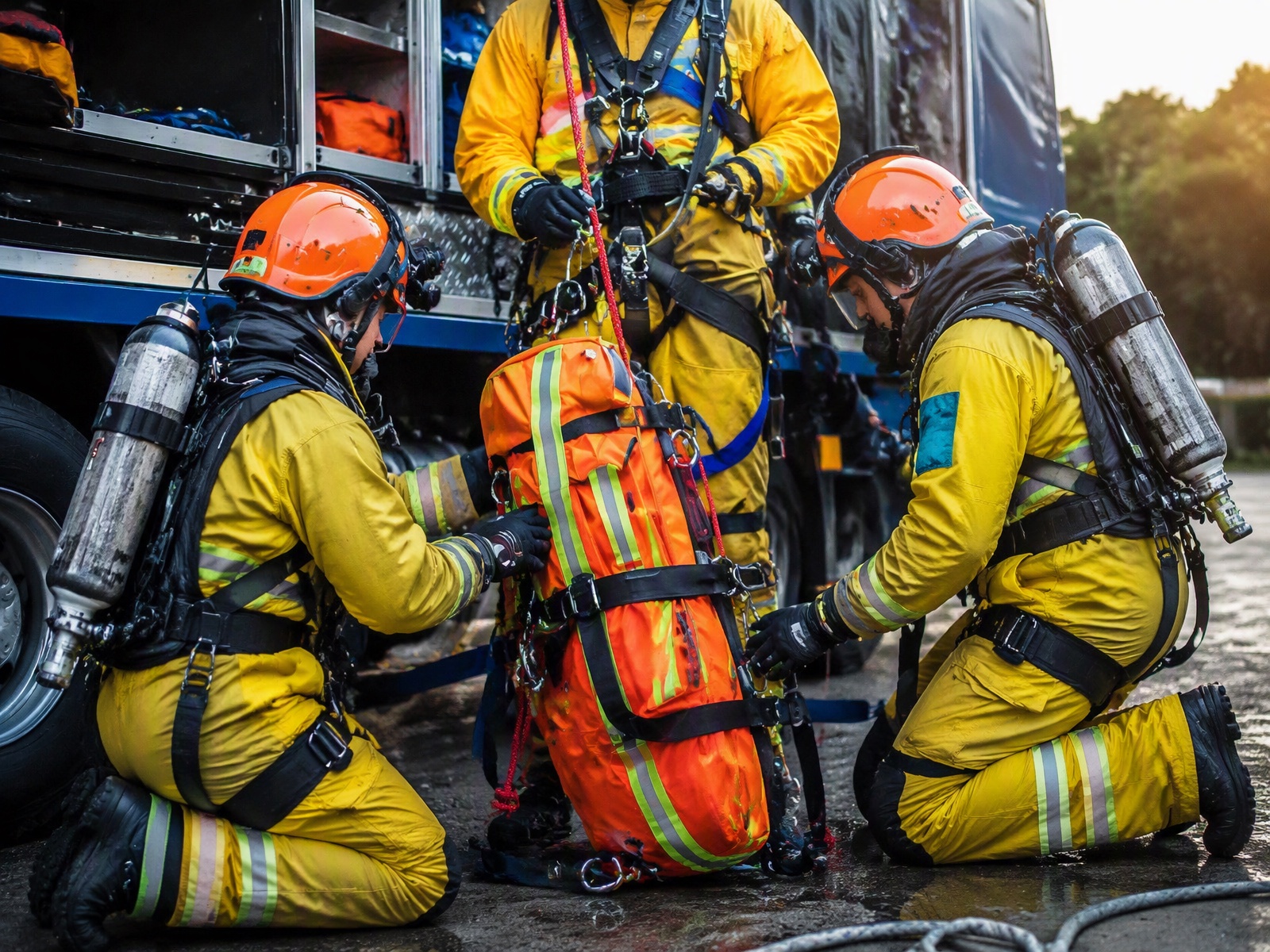 Fire and rescue personnel preparing equipment.